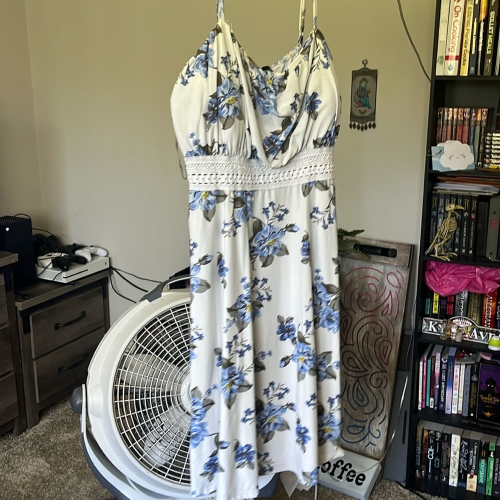 White dress with blue flowers